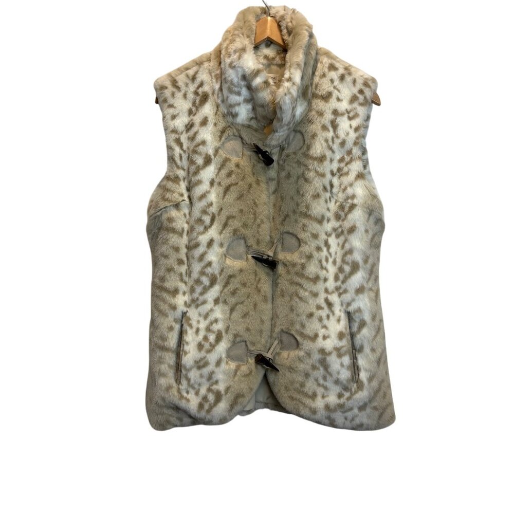 Faux Fur Toggle Vest Coldwater Creek Beige Brown Leopard Print Med Soft‎